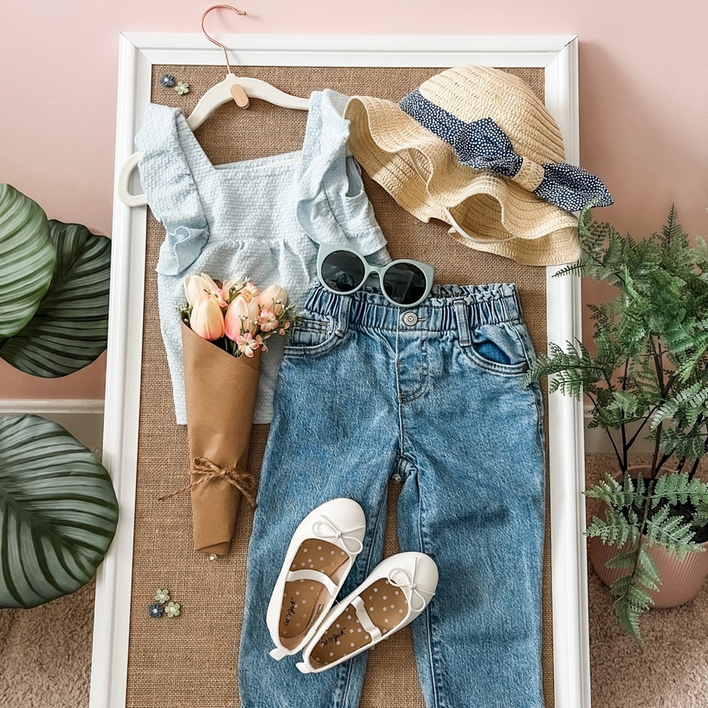 2T Toddler Girl Spring Outfit Bundle | Light Blue Top, Denim Jeans